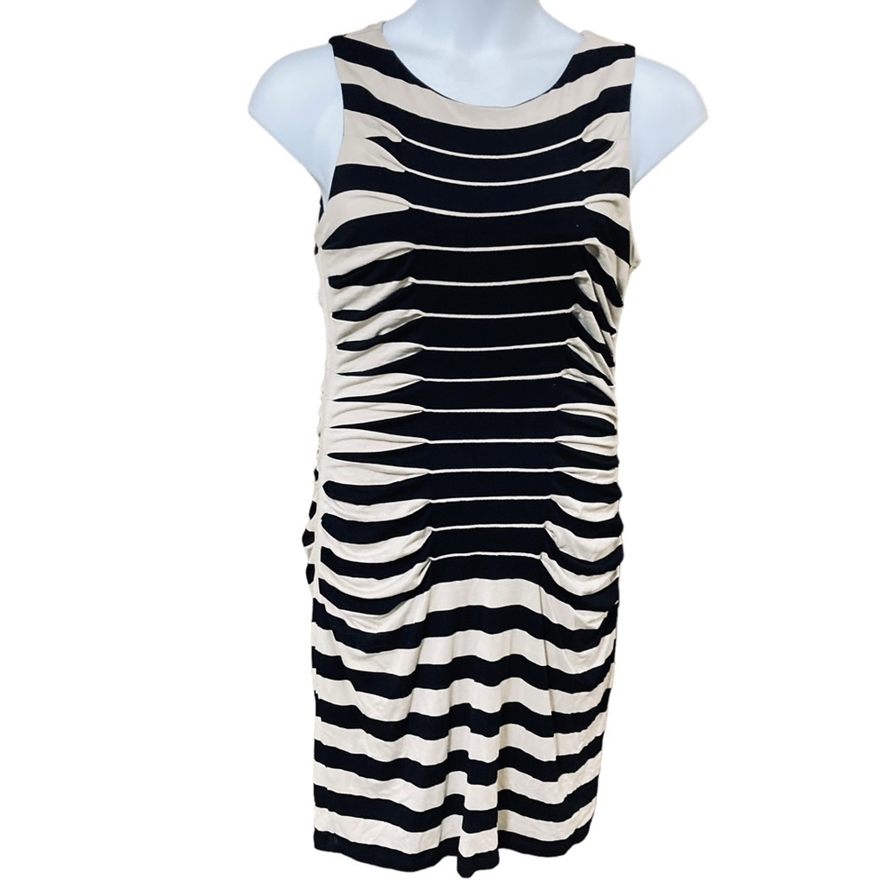 Betsey Johnson Black and Cream Striped Ruched Midi Dress Sz. 14 - Picture 2 of 6